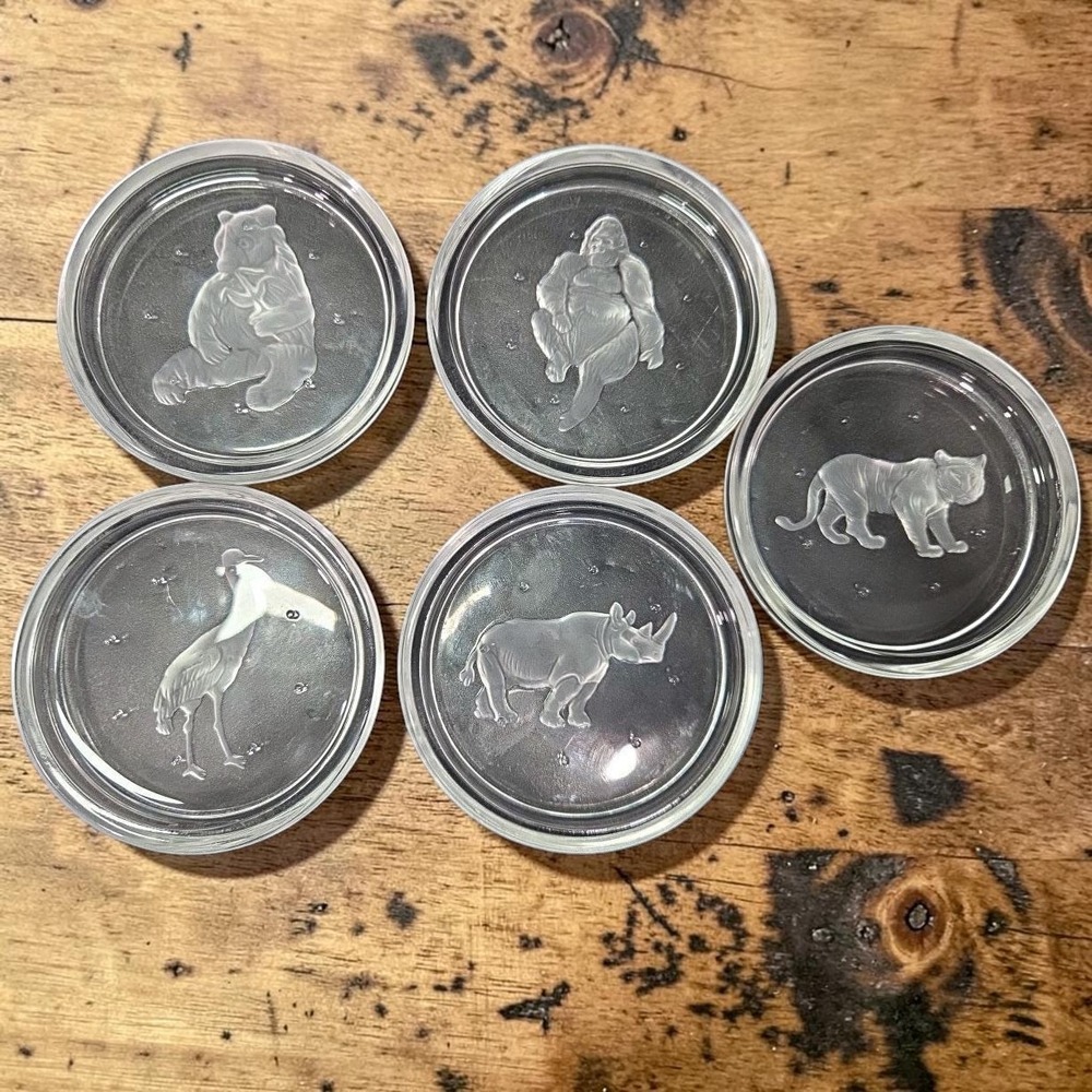 Val St Lambert Glass Coasters, Set of 5, Vintage Endangered Animals Design